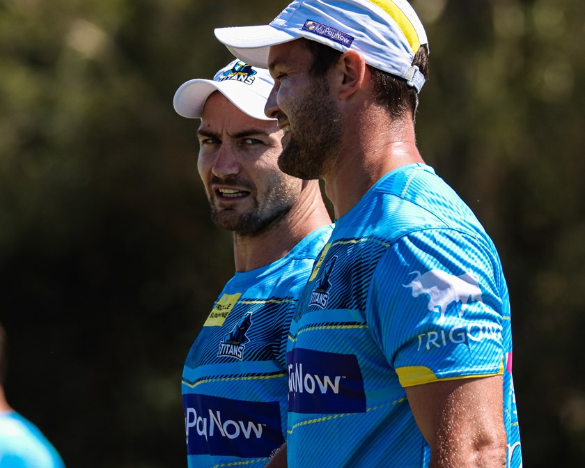 Foran alongside Joe Stimson in his first session at Parkwood. Photo: Gold Coast Titans