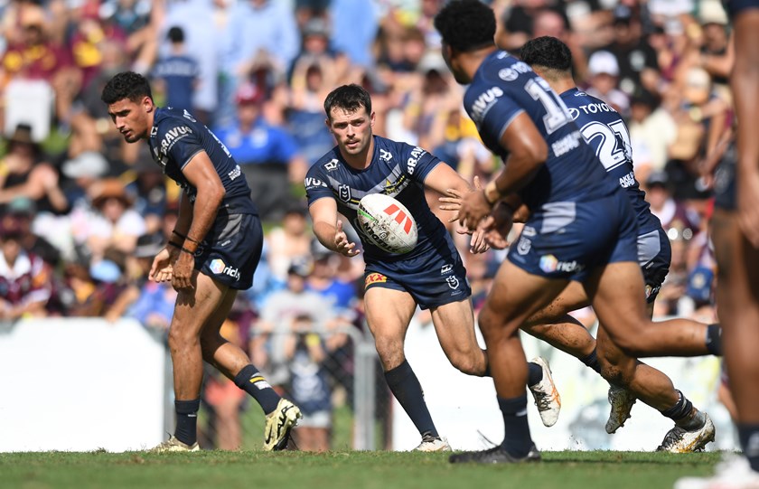 Sean Mullany in action for the North Queensland Cowboys in a NRL trial game against the Broncos.