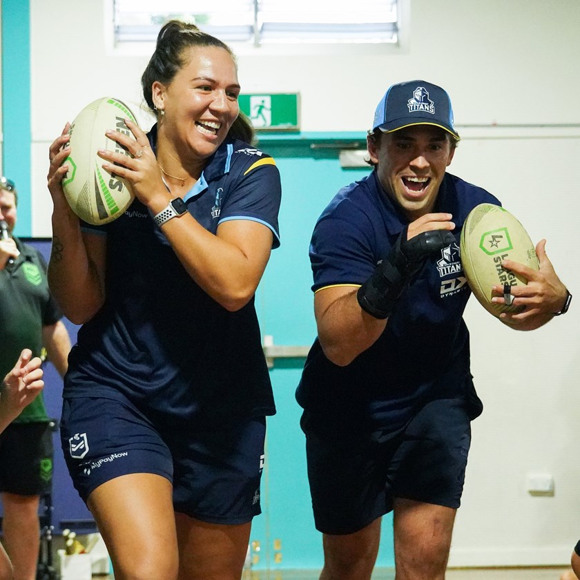 Evania Pelite and Aaron Booth at the recent Road to Regions clinic at Woolgoolga. Photo: Gold Coast Titans